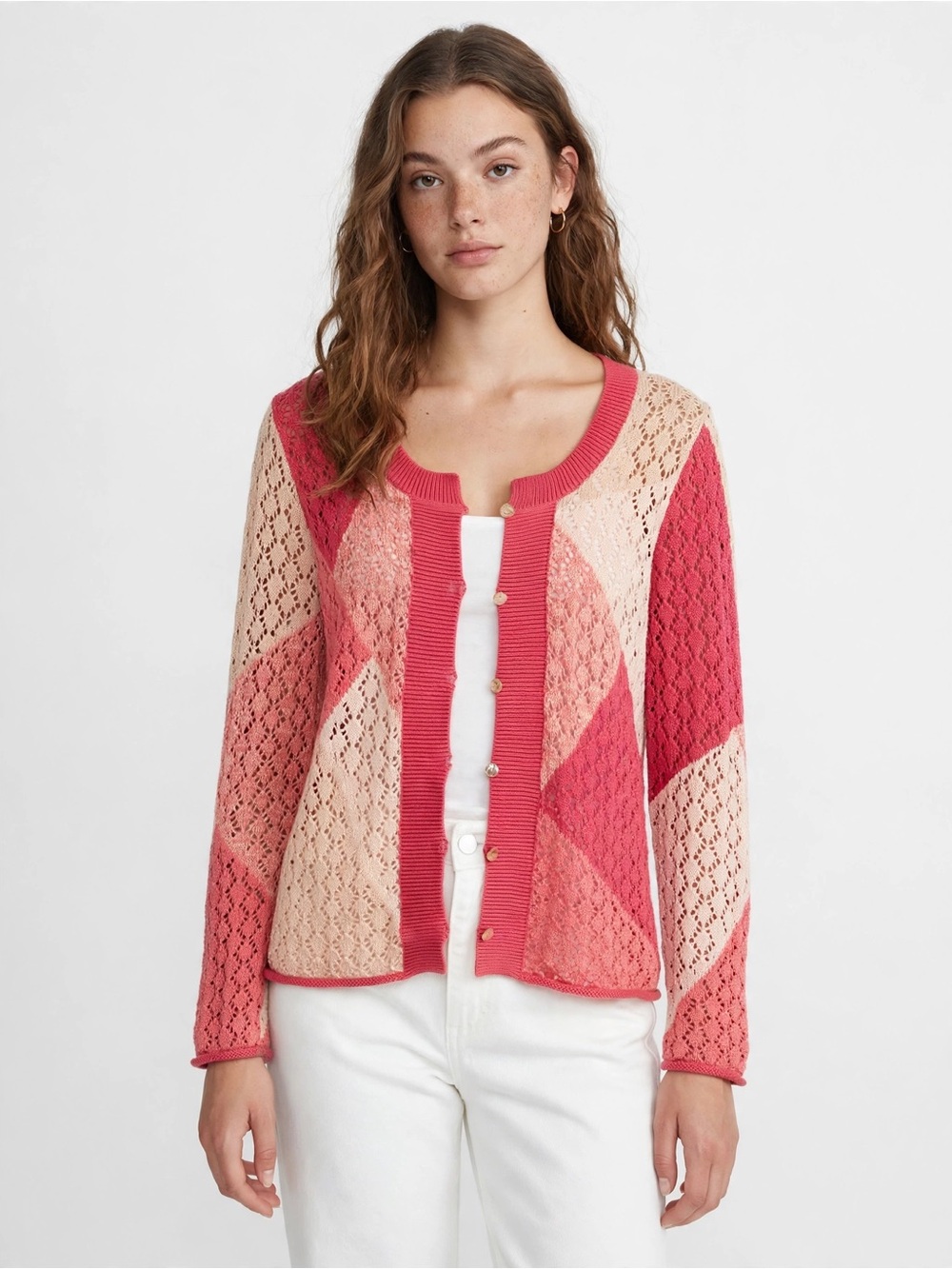 J.Jill Pink Cream Colorblock Cardigan M Pointelle Knit Button Front Long Sleeve